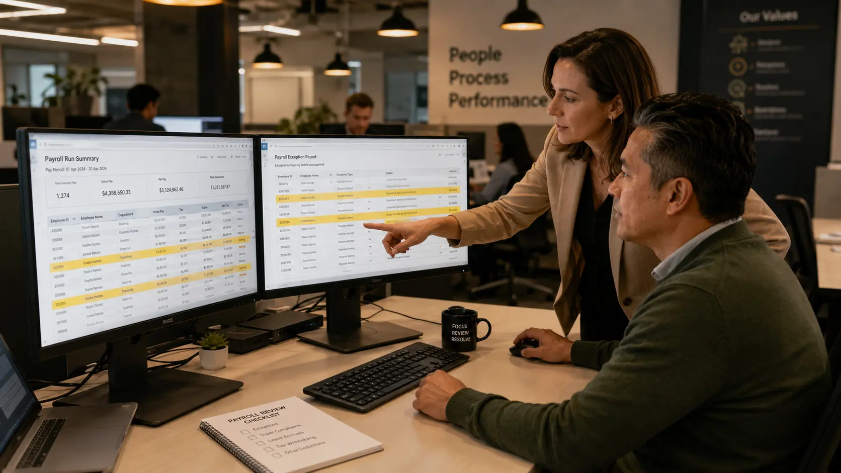 Payroll Team Reviewing Flagged Payroll Report Payroll operations team reviewing flagged payroll data on dual monitors in a modern Australian corporate office.