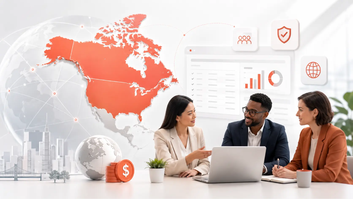 Global Payroll Services for North America 2026 Business team reviewing global payroll services for North America with compliance dashboard and cross-border workforce planning visuals