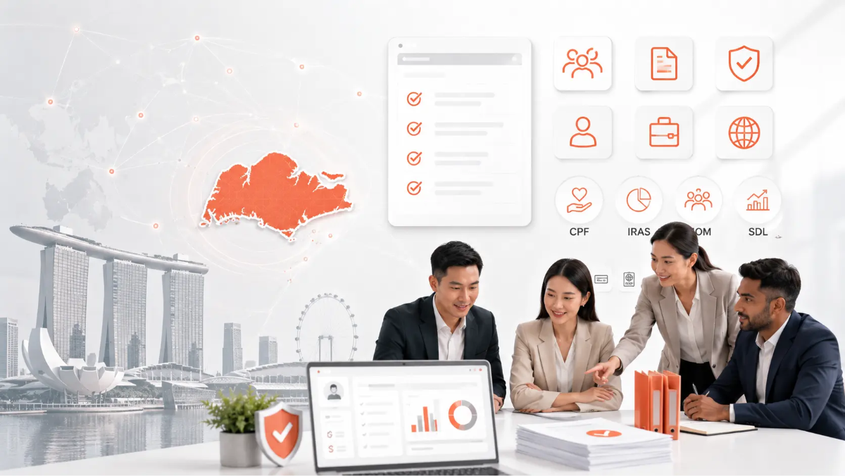 Singapore Payroll Compliance 2026 Guide Business team reviewing Singapore payroll compliance dashboard with CPF, IRAS, MOM, SDL and EOR setup visuals